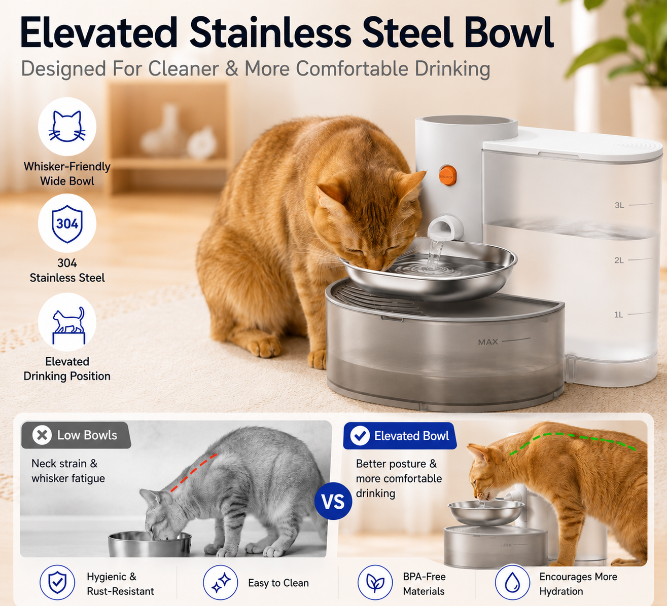 Purrcado Wireless Filter Free Pour-Over Elevated Stainless Steel Cat Water Fountain, 101-oz